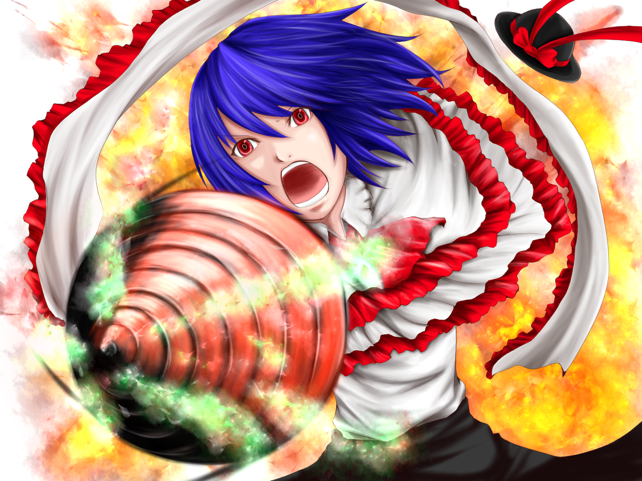 daizu (daizubatake), nagae iku, scarlet weather rhapsody, touhou, bad id, bad pixiv id, 1girl, blue hair, drill, female focus, hat, red eyes, solo, standing