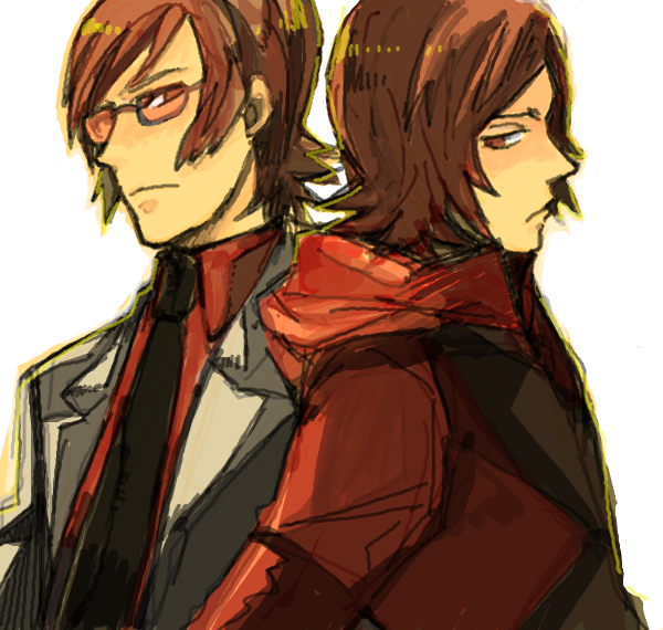 sudachips, katsuya suou, suou katsuya, suou tatsuya, suou tatsuya (persona 2 batsu), atlus, persona, persona 2, persona 2 batsu, bad id, bad pixiv id, 2boys, back-to-back, brothers, brown hair, glasses, hood, hoodie, male focus, multiple boys, necktie, short hair, siblings, sideburns