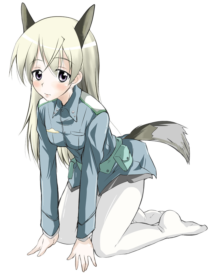 narusawa kei, eila ilmatar juutilainen, strike witches, world witches series, bad id, bad pixiv id, 00s, 1girl, animal ears, blue eyes, blush, female focus, long hair, military, military uniform, pantyhose, solo, tail, white pantyhose