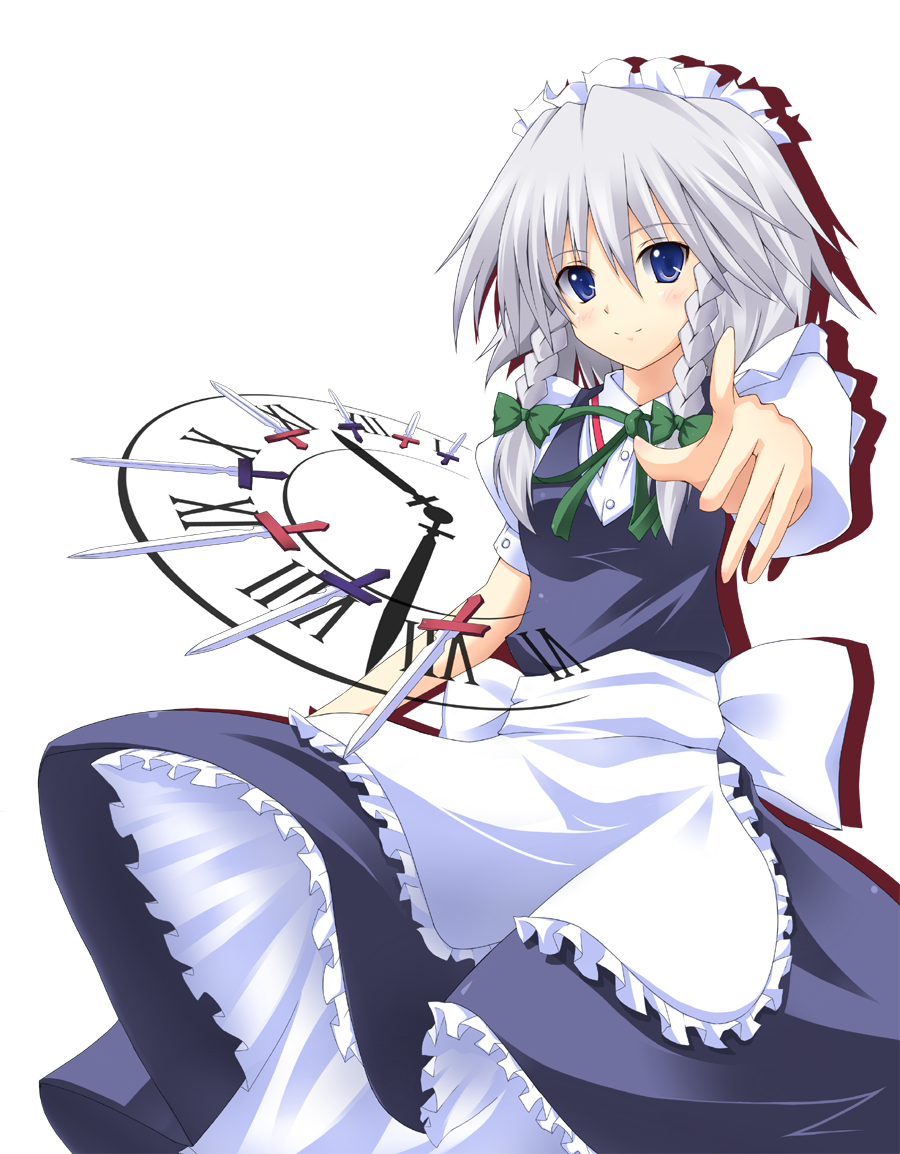 yuurakudou kurono, izayoi sakuya, touhou, silver hair, bad id, bad pixiv id, 1girl, blue eyes, braid, dress, female focus, knife, maid, simple background, solo, transparent background, twin braids