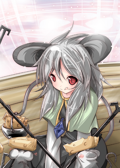 pedodedo, nazrin, touhou, 1girl, :q, alternate hairstyle, animal ears, blush, capelet, cheese, dowsing rod, female focus, food, grey hair, jewelry, long hair, long sleeves, mouse (animal), mouse ears, mouse tail, pendant, red eyes, sitting, skirt, solo, tail, tongue, tongue out