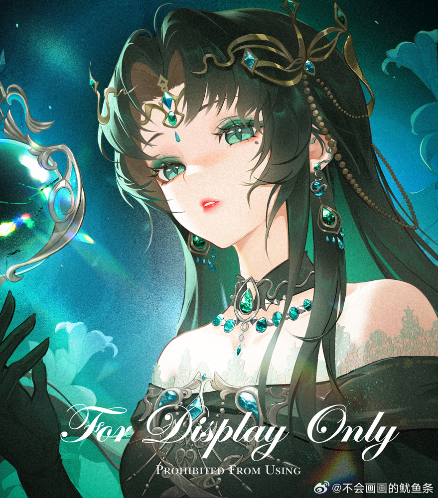 infinity nikki, nikki (series), chinese commentary, commentary request, commission, 1girl, aqua eyes, black choker, black dress, black gloves, black hair, blue sky, choker, circlet, colored inner hair, dress, earrings, expressionless, eyelashes, eyeshadow, flower, gem, gloves, gold circlet, green eyeshadow, green gemstone, green hair, jewelry, lace, lace-trimmed dress, lace trim, light particles, lily (flower), lipstick, long hair, looking at object, makeup, mole, mole under eye, multicolored hair, night, night sky, object floating above hand, off-shoulder dress, off shoulder, orb, outdoors, parted lips, red lips, sample watermark, single sidelock, sky, slit pupils, solo, teeth, tide of tears (infinity nikki), two-tone hair, upper body, very long hair, watermark, weibo watermark, white flower, youyutiao