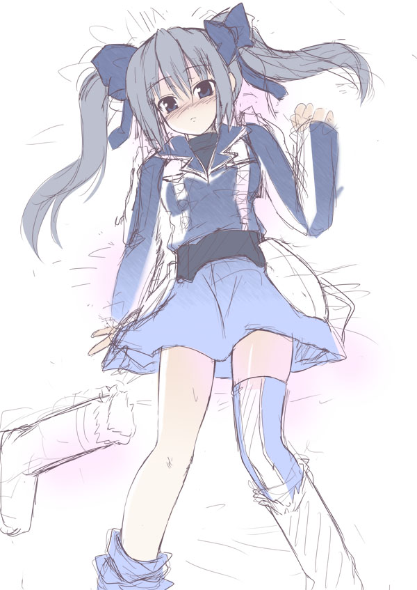 sen (astronomy), edy nelson, senjou no valkyria, senjou no valkyria (series), senjou no valkyria 1, bad id, bad pixiv id, traditional media, 00s, 1girl, blue eyes, blush, bow, female focus, grey hair, hair bow, hair ribbon, lying, ribbon, sketch, skirt, solo, thighhighs, twintails, white background