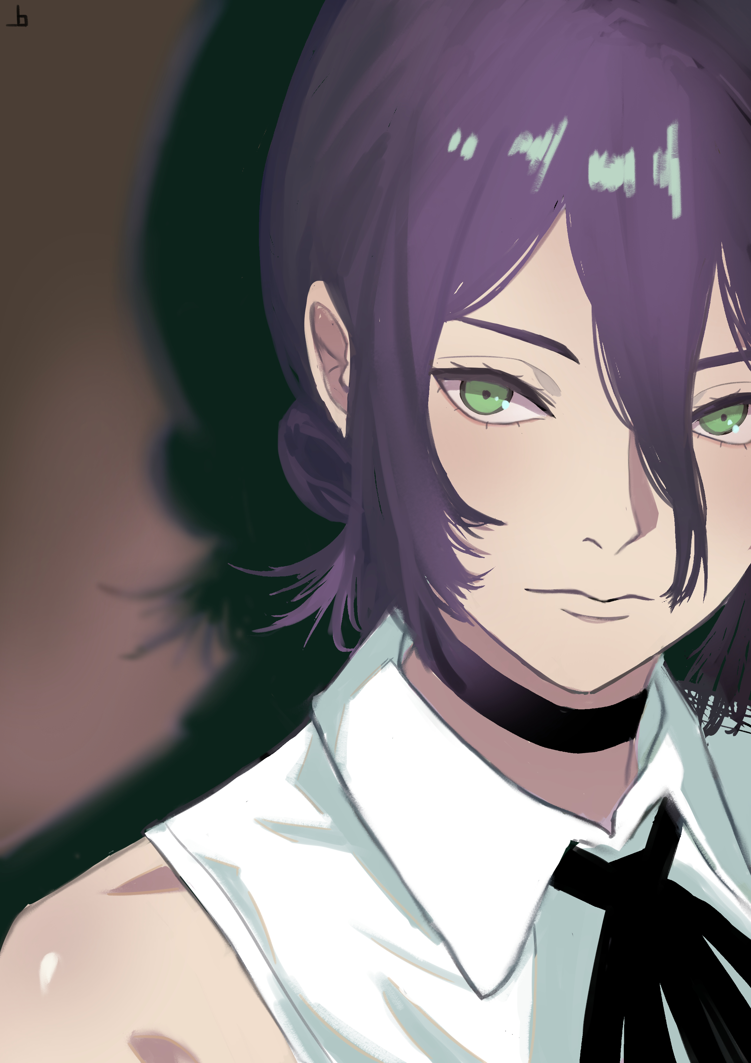 joadv, reze (chainsaw man), chainsaw man, absurdres, commentary, english commentary, highres, 1girl, black choker, black ribbon, choker, closed mouth, green eyes, hair between eyes, hair bun, neck ribbon, purple hair, ribbon, shirt, sleeveless, sleeveless shirt, solo, white shirt