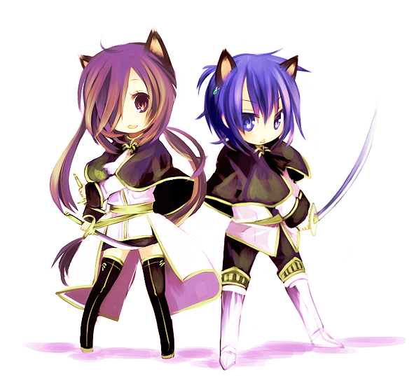 aruya (flosrota), pixiv fantasia, bad id, bad pixiv id, animal ears, blue hair, boots, cat ears, purple hair, sword, thigh boots, thighhighs, weapon