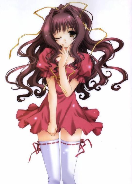 kimizuka aoi, 1girl, brown eyes, dress, female focus, hair ribbon, long hair, one eye closed, red dress, red hair, ribbon, skirt, skirt tug, solo, thighhighs, wink, zettai ryouiki