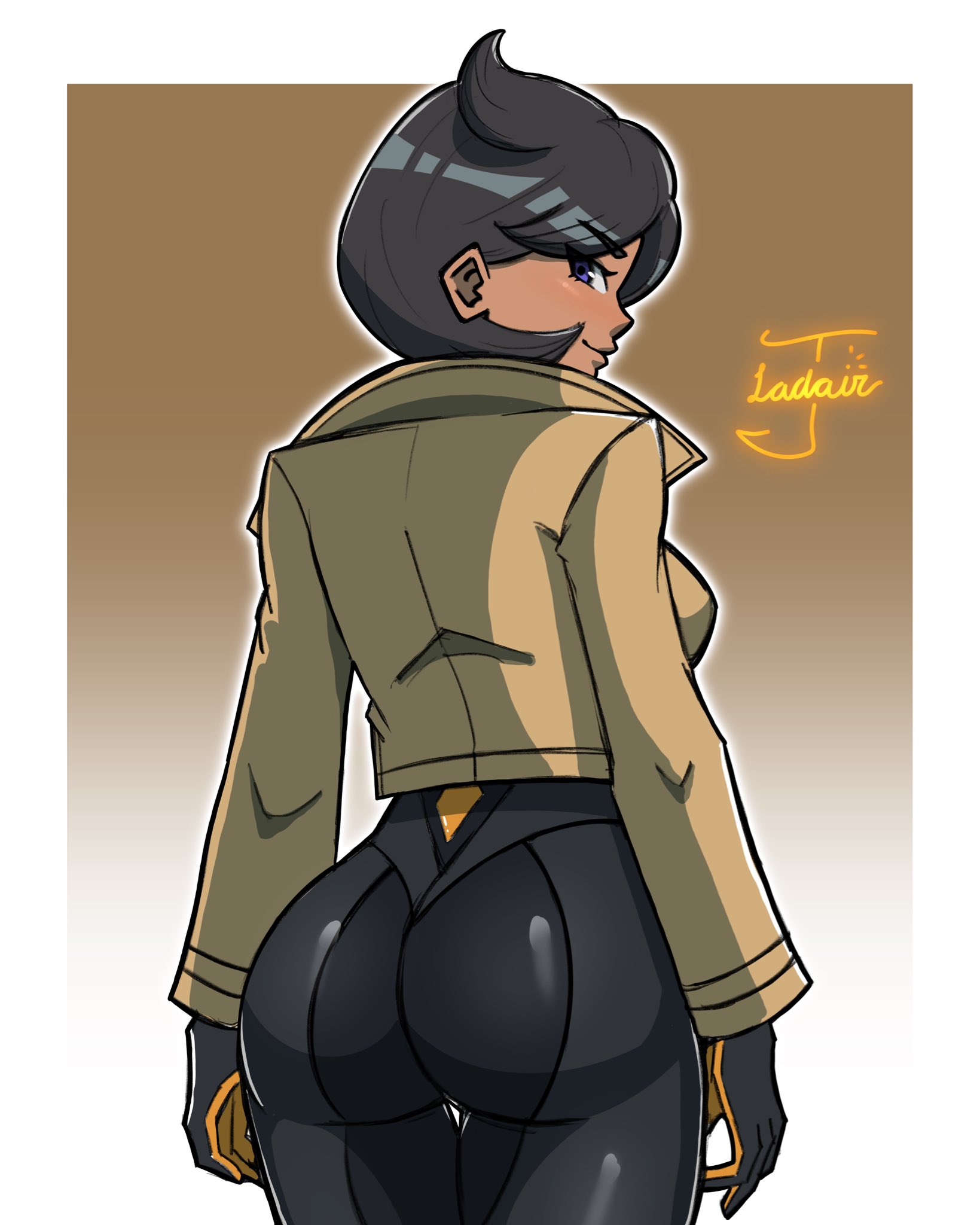 emma (pokemon), nintendo, pokemon, pokemon legends: z-a, highres, 1girl, ass, black bodysuit, black hair, bodysuit, bodysuit under clothes, brown jacket, closed mouth, dark-skinned female, dark skin, from behind, gloves, jacket, jayladair, looking at viewer, purple eyes, short hair, simple background, smile, solo