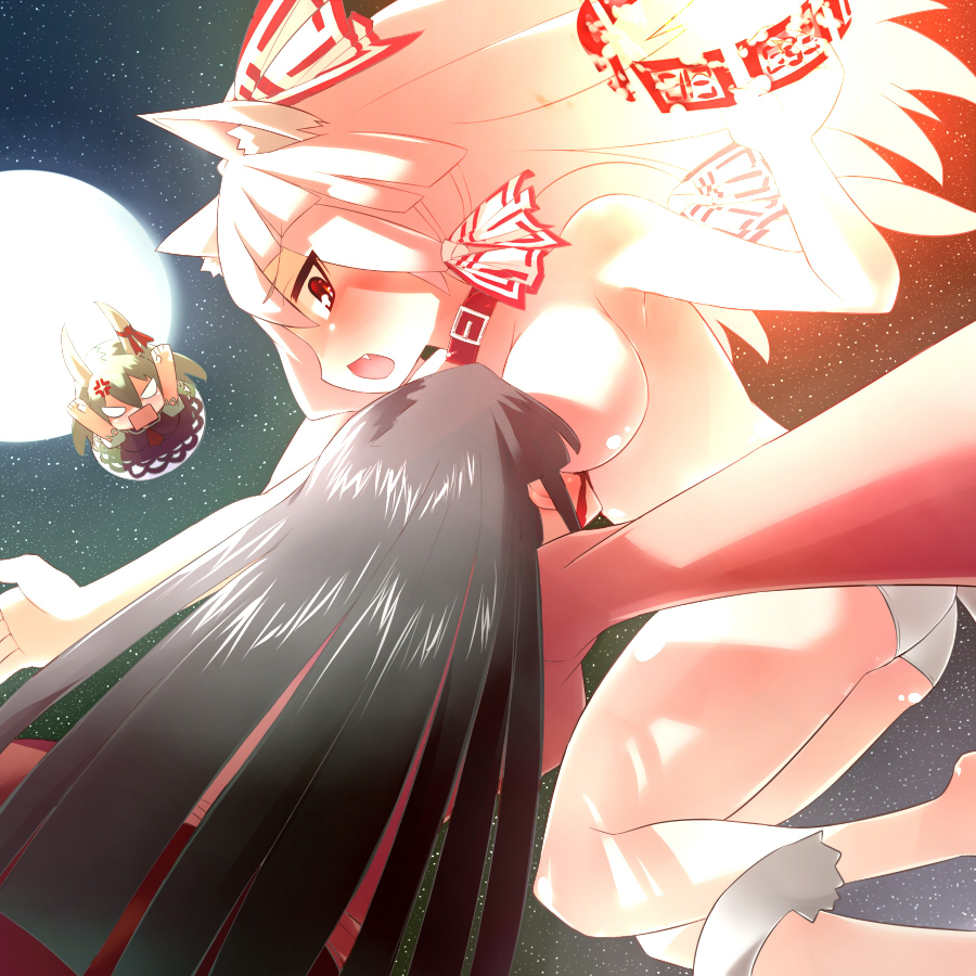 blue vert, ex-keine, fujiwara no mokou, houraisan kaguya, kamishirasawa keine, touhou, silver hair, 3girls, angry, animal ears, black hair, blood, breasts, cat ears, cat girl, caved (touhou), fang, female focus, hair ribbon, horns, kemonomimi mode, large breasts, moon, multiple girls, night, night sky, nosebleed, panties, ribbon, sky, underwear, you gonna get raped