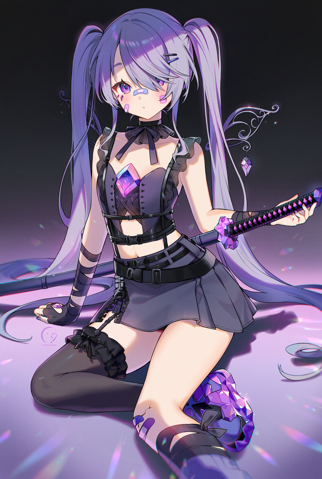 yenkoes, koseki bijou, koseki bijou (casual), hololive, hololive english, commentary, highres, 1girl, :o, arm support, artist name, bandaid, bandaid on cheek, bandaid on face, bandaid on knee, bandaid on leg, bandaid on nose, belt, black belt, black ribbon, black skirt, black thighhighs, blush, chest jewel, cracked skin, feet, fingernails, flat chest, foot focus, gem, hair ornament, hair over one eye, hairclip, hand jewel, holding, holding sword, holding weapon, jewel under eye, katana, long fingernails, long hair, looking at viewer, metal wings, midriff, nail polish, navel, neck ribbon, official alternate costume, official alternate hairstyle, parted lips, purple eyes, purple gemstone, purple hair, purple nails, ribbon, shade, single thighhigh, sitting, skirt, solo, sword, thighhighs, tomato (sword), twintails, very long hair, virtual youtuber, weapon