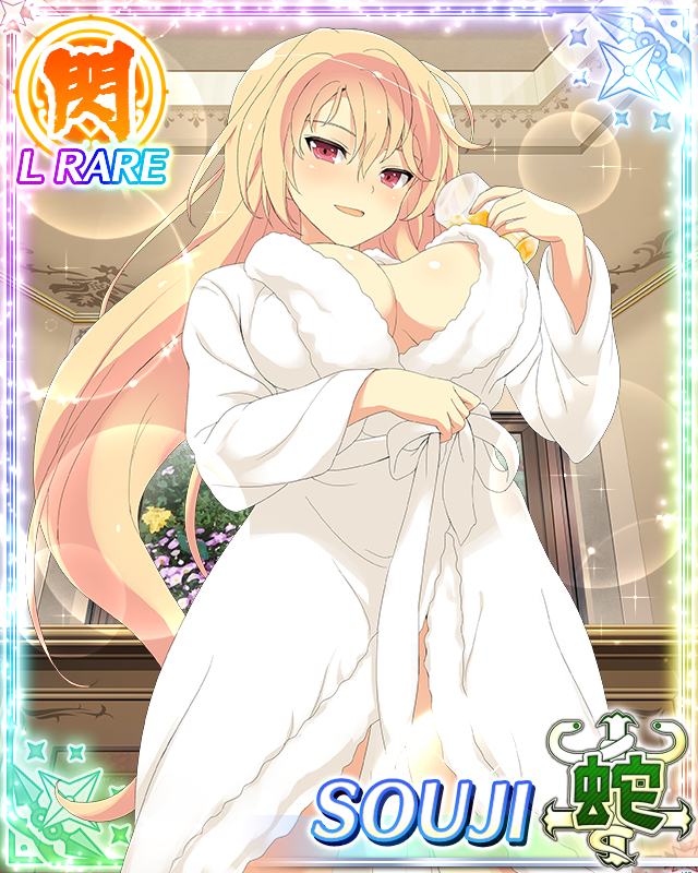souji (senran kagura), senran kagura, senran kagura new wave, game cg, non-web source, official art, 1girl, blonde hair, blush, breasts, card (medium), cleavage, cup, holding, holding cup, large breasts, long hair, looking at viewer, naked robe, official alternate costume, open mouth, red eyes, robe, smile, solo, sparkle background, white robe