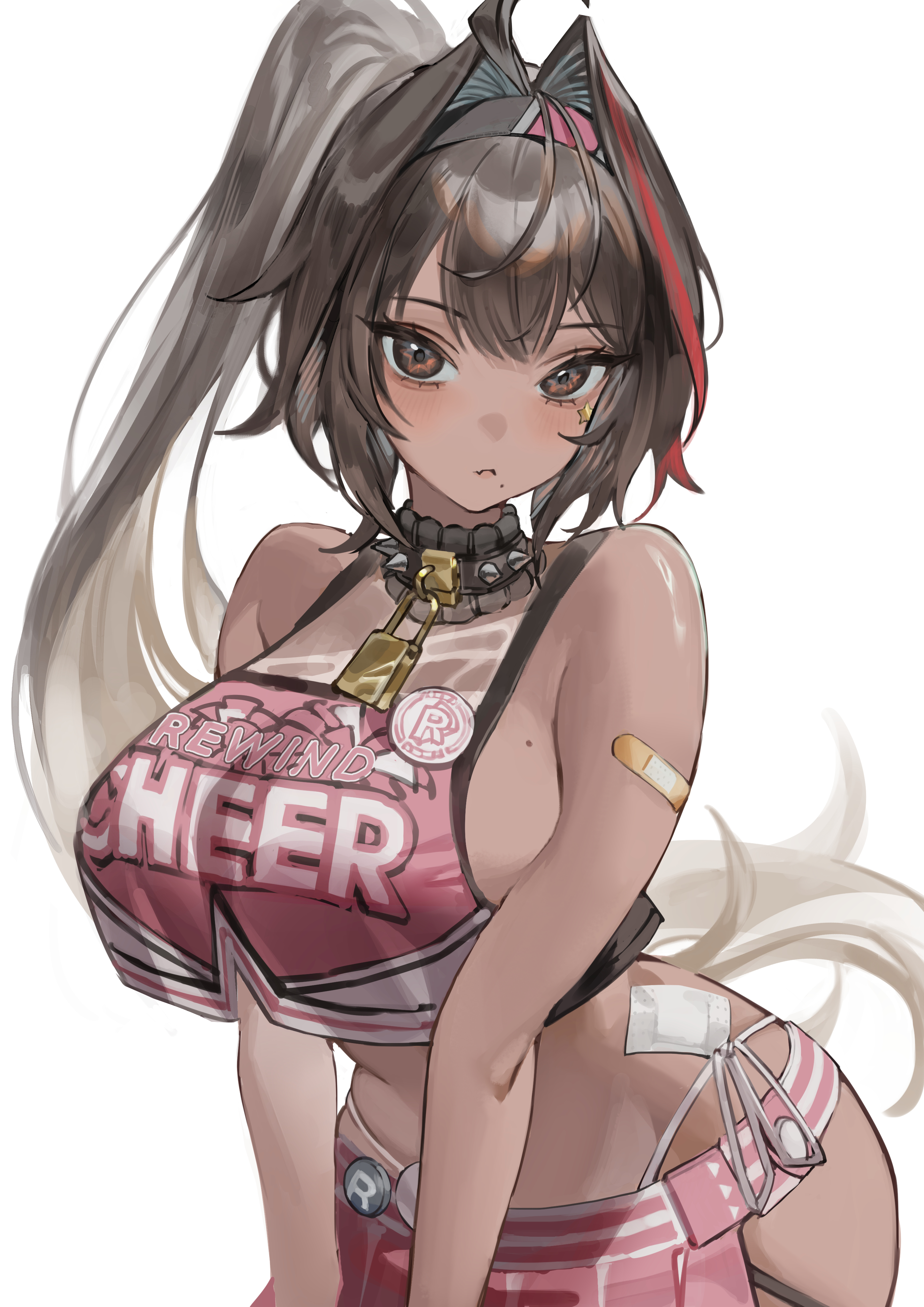 bay (nikke), goddess of victory: nikke, absurdres, highres, 1girl, bandaid on hip, bikini under skirt, breasts, brown eyes, brown hair, cheerleader, closed mouth, collar, crop top, dark-skinned female, dark skin, eoboong, hair intakes, huge breasts, lock, long hair, looking at viewer, mole, mole on breast, mole under mouth, padlock, padlocked collar, ponytail, red skirt, red streaks, simple background, skirt, solo, spiked collar, spikes, white background