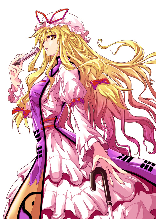 shirosa, yakumo yukari, touhou, 1girl, blonde hair, bow, dress, female focus, fingernails, folding fan, gradient hair, hair bow, hair ribbon, hand fan, hat, long hair, multicolored hair, pink hair, ribbon, simple background, slit pupils, solo, tabard, umbrella, very long hair, wavy hair, yellow eyes