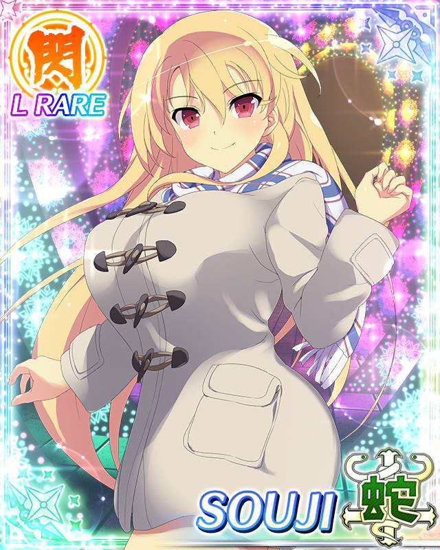 souji (senran kagura), senran kagura, senran kagura new wave, game cg, non-web source, official art, 1girl, blonde hair, blush, breasts, card (medium), closed mouth, coat, large breasts, long hair, looking at viewer, neon lights, official alternate costume, outdoors, plaid clothes, plaid scarf, red eyes, scarf, smile, solo, trench coat