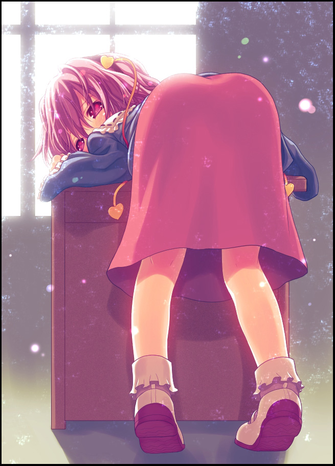 kiira, komeiji satori, touhou, bad id, bad pixiv id, 1girl, ass, bent over, female focus, from behind, looking back, pink eyes, presenting, purple hair, short hair, skirt, solo, window
