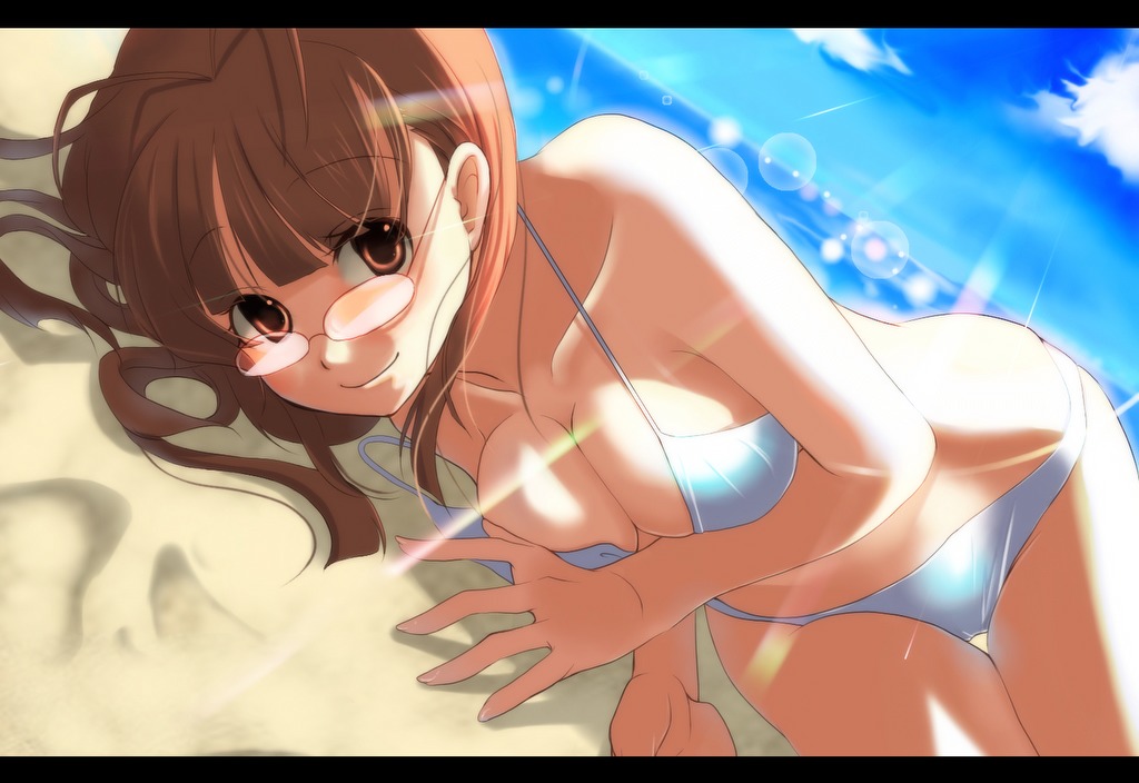 hiiro (kikokico), kiko, akizuki ritsuko, idolmaster, idolmaster (classic), idolmaster 1, bad id, bad pixiv id, 00s, 1girl, alternate hairstyle, antenna hair, beach, bikini, breasts, brown eyes, brown hair, cleavage, cloud, day, dutch angle, female focus, glasses, lens flare, light rays, long hair, lying, medium breasts, ocean, on side, outdoors, sand, sky, smile, solo, strap slip, sunbeam, sunlight, swimsuit, thigh gap, thighs