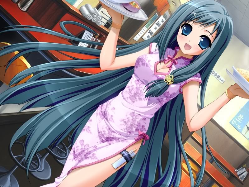 minase lin, riku fumika, pia carrot (series), pia carrot e youkoso!!, 1990s (style), 1girl, breasts, china dress, chinese clothes, cleavage, dress, female focus, food, frilled thigh strap, green eyes, green hair, hair ornament, hairclip, happy, long hair, matching hair/eyes, open mouth, retro artstyle, solo, thigh strap, thighhighs, waitress