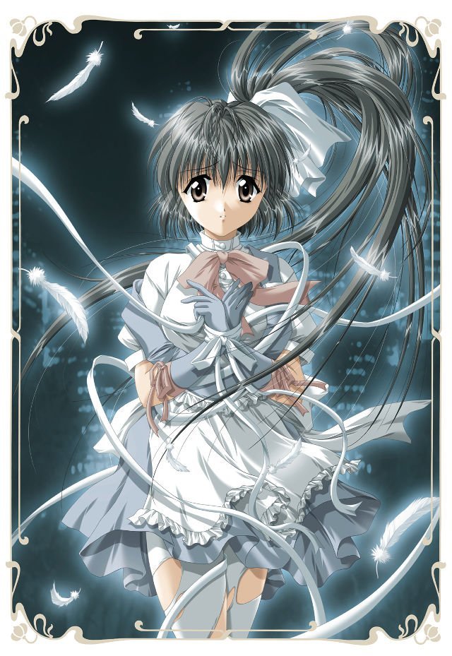 tagme, black hair, bow, dress, feathers, long hair, ribbon, sad, thighhighs, white dress