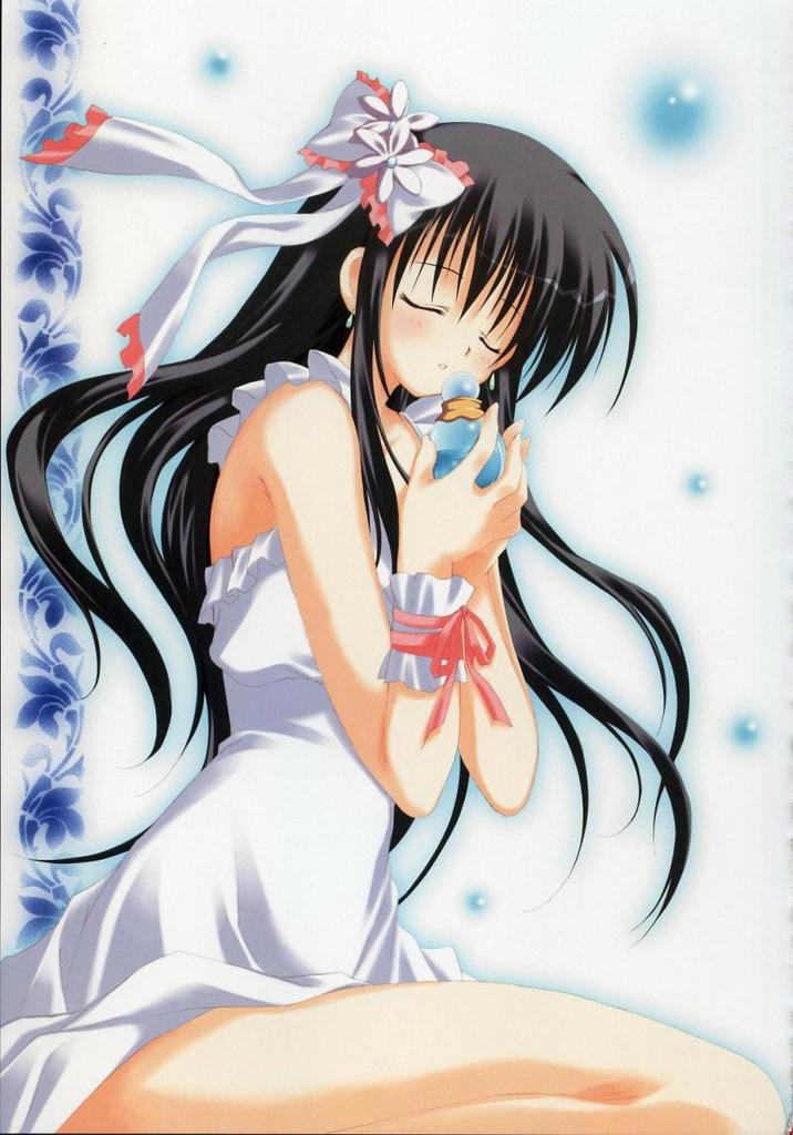 korie riko, 1girl, black hair, bow, closed eyes, dress, long hair, ribbon, sitting, thighhighs, white dress