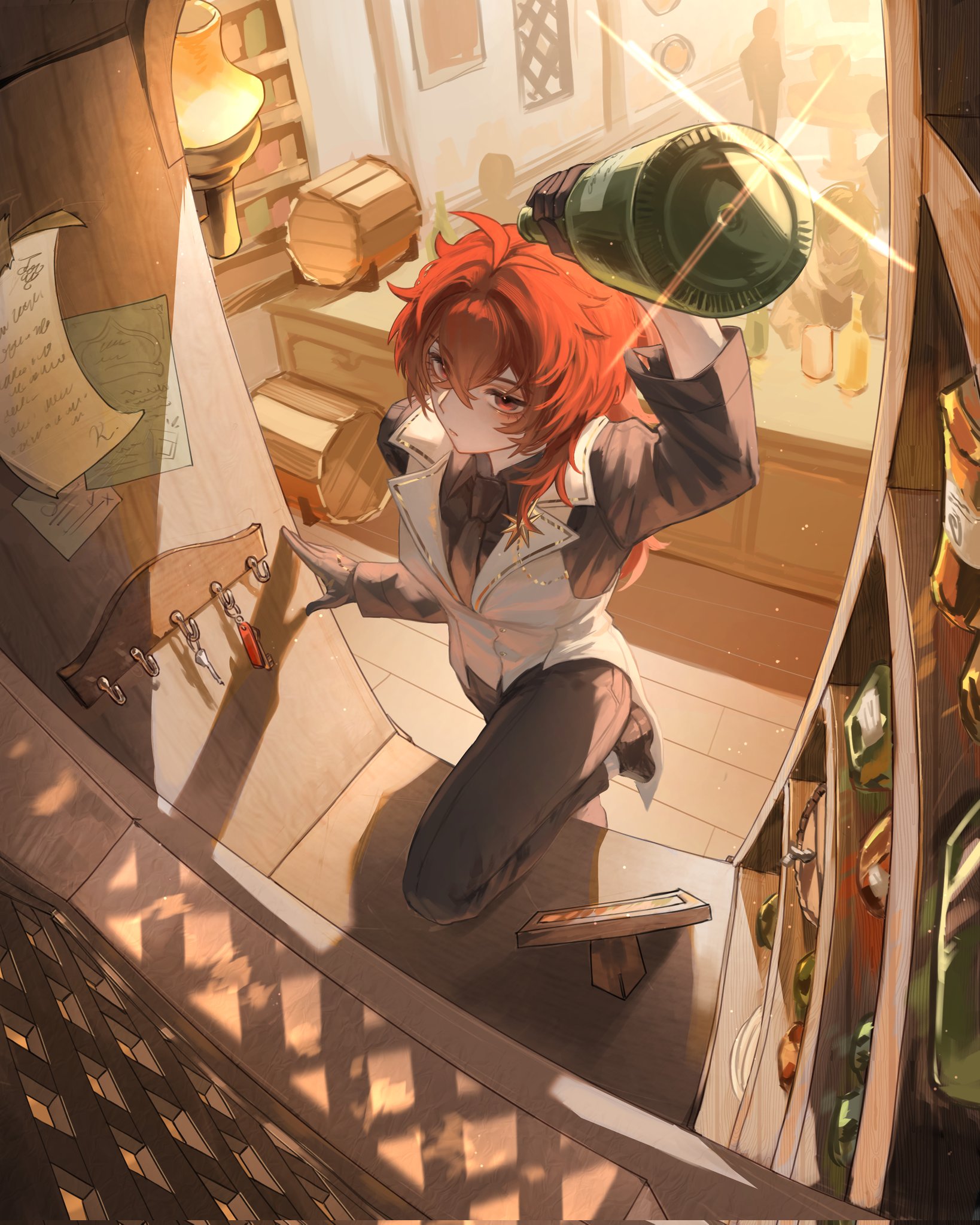 zehuij, diluc (genshin impact), genshin impact, commentary request, highres, 1boy, black gloves, black necktie, black pants, black shirt, bottle, from above, gloves, hair between eyes, holding, holding bottle, long hair, looking at viewer, male focus, necktie, pants, red eyes, red hair, shirt, solo, wine bottle