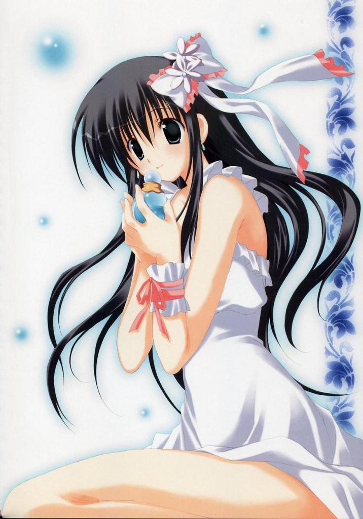 korie riko, black eyes, black hair, bow, dress, long hair, ribbon, sitting, thighhighs, white dress