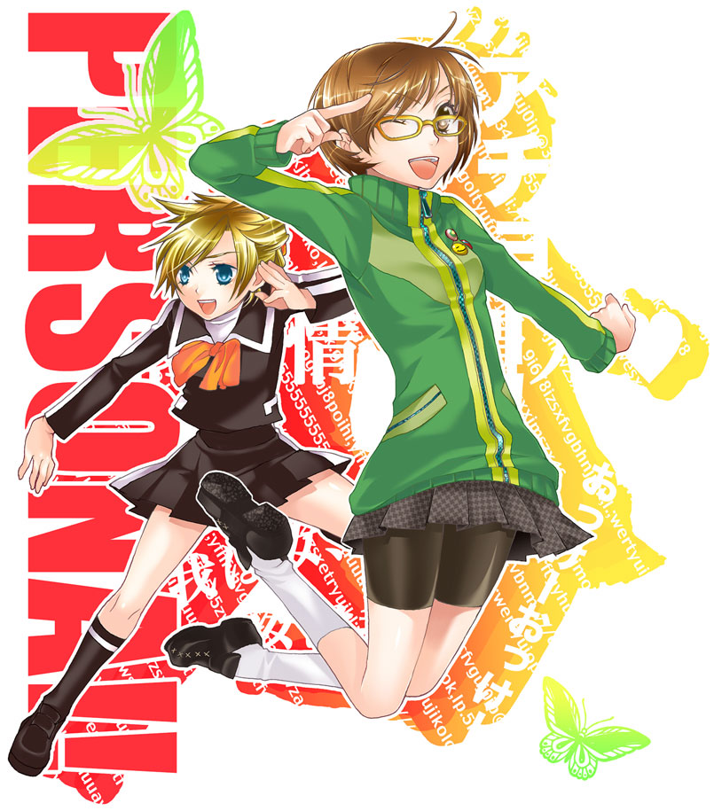 tnko (pixiv65974), toriniku (suikyou), lisa silverman, satonaka chie, atlus, persona, persona 2, persona 2 tsumi, persona 4, bad id, bad pixiv id, 2girls, bike shorts, blonde hair, brown hair, fighting stance, glasses, jacket, jumping, multiple girls, one eye closed, school uniform, short hair, skirt, socks, takatori (tnko), tomboy, track jacket, wink, yellow-framed eyewear
