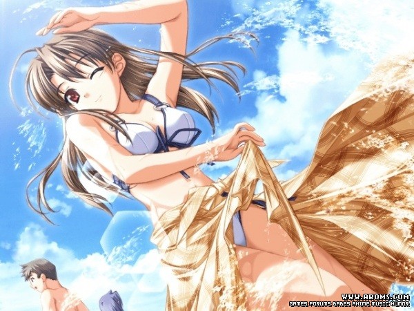 pia carrot (series), pia carrot e youkoso!! 3, beach, bra, brown hair, lingerie, long hair, one eye closed, red eyes, underwear, upskirt, wink