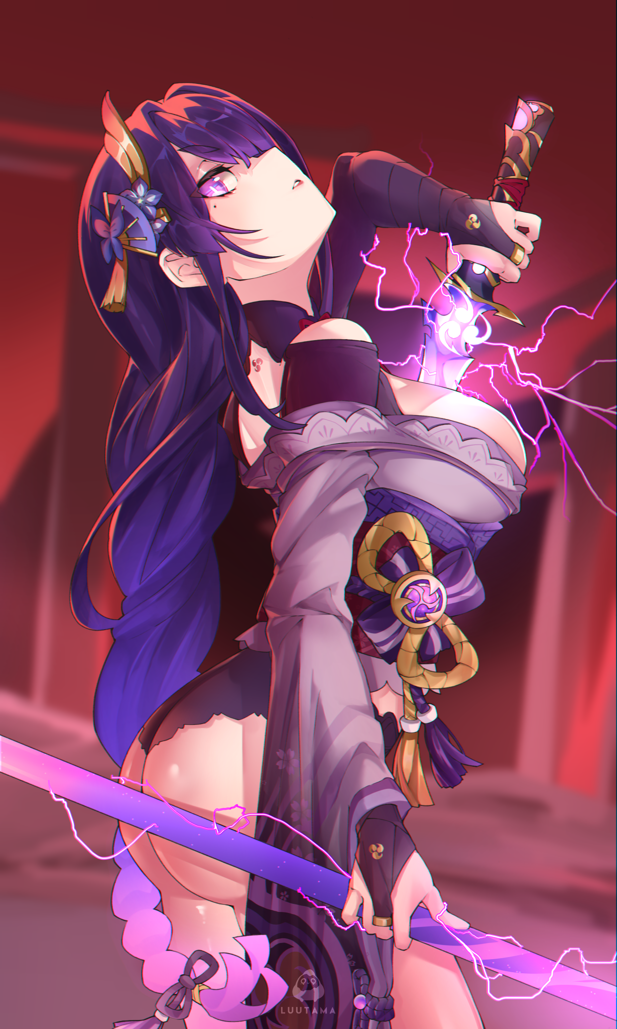 suprhiro, raiden shogun, genshin impact, commentary, english commentary, highres, 1girl, arm up, artist name, ass, ass focus, back tattoo, black panties, blunt bangs, blurry, blurry background, braid, breasts, bridal gauntlets, clothing cutout, electric guitar, electro symbol (genshin impact), engulfing lightning (genshin impact), fan hair ornament, flower, flower ornament, from side, glowing, glowing eyes, glowing hair, glowing sword, glowing weapon, gluteal fold, gradient hair, guitar, hair ribbon, head tilt, holding, holding polearm, holding sword, holding weapon, huge ass, huge breasts, instrument, japanese clothes, kimono, long braid, long hair, long sleeves, looking to the side, looking up, mitsudomoe (shape), mole, mole under mouth, multicolored hair, musou isshin (genshin impact), neck ribbon, off shoulder, panties, parted lips, polearm, powering up, purple eyes, purple flower, purple kimono, purple ribbon, red lips, red ribbon, red sash, red sky, ribbon, sash, shade, shoulder cutout, single braid, sky, solo, standing, streaked hair, sword, tattoo, thick thighs, thighs, tomoe (symbol), underwear, upper body, watermark, weapon, wide sleeves