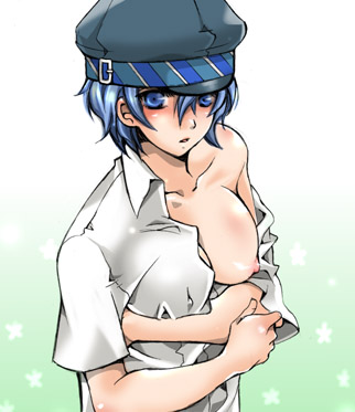 mao sweetberry, shirogane naoto, atlus, persona, persona 4, bad id, bad pixiv id, lowres, 1girl, blue eyes, blue hair, blush, breasts, female focus, hat, large breasts, matching hair/eyes, newsboy cap, short hair, solo, tomboy