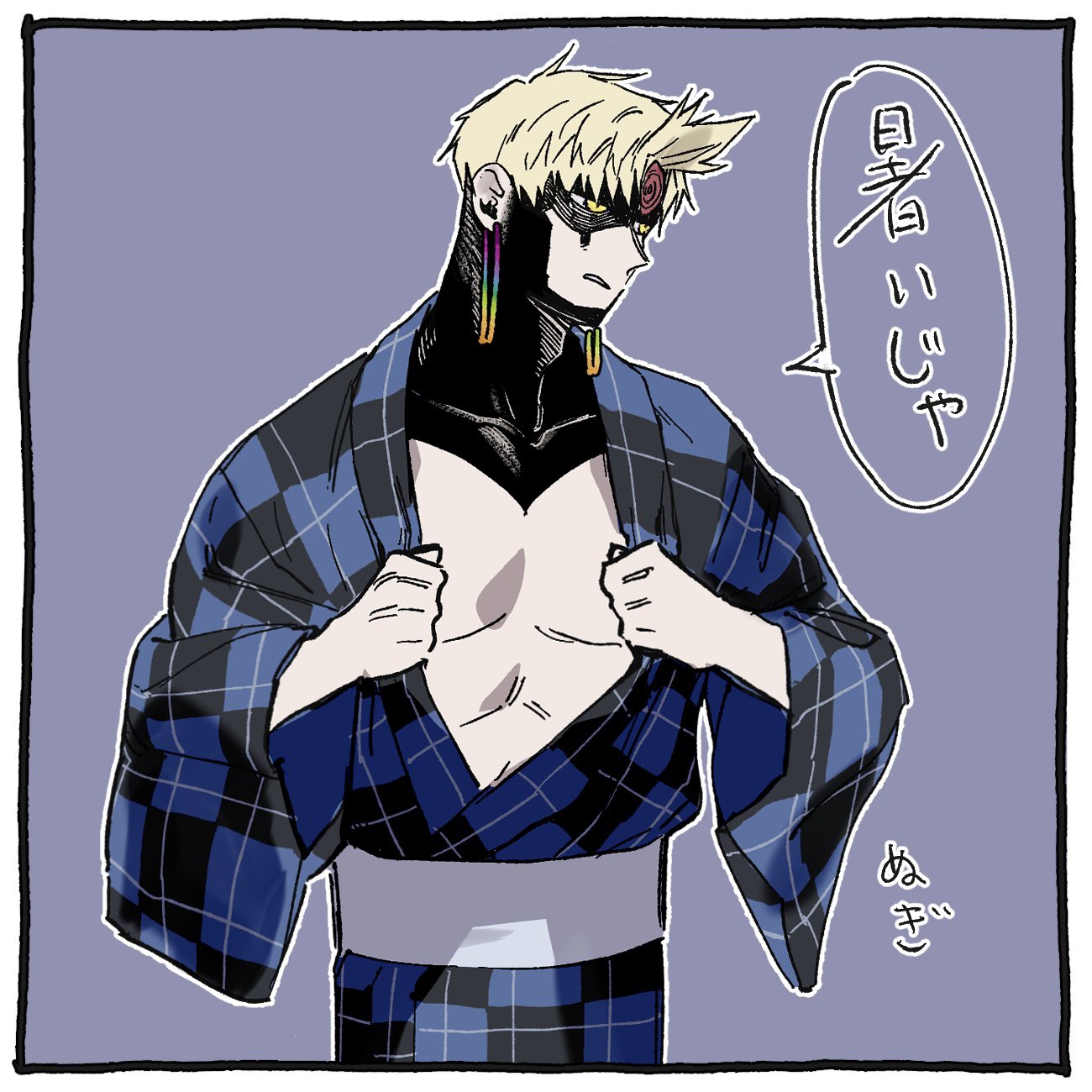 ycy5nljkl410219, enjoji jin, evil eye (dandadan), dandadan, commentary request, highres, translation request, 1boy, blonde hair, blue kimono, checkered clothes, checkered kimono, earrings, japanese clothes, jewelry, kimono, looking to the side, male focus, parted lips, pectorals, possessed, sash, short hair, simple background, solo, speech bubble, third eye, upper body, white sash, wide sleeves