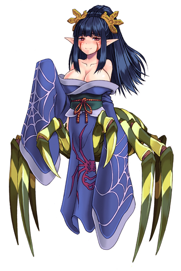 kenkou cross, jorougumo (monster girl encyclopedia), jurougumo, monster girl encyclopedia, original, bad id, bad pixiv id, official art, 1girl, arachne, arthropod girl, arthropod limbs, blue hair, blush, breasts, brown eyes, bug, cleavage, demon girl, insect girl, japanese clothes, kimono, large breasts, monster girl, pointy ears, ponytail, silk, simple background, spider, spider girl, spider web, spider web print, taur, white background, yukata