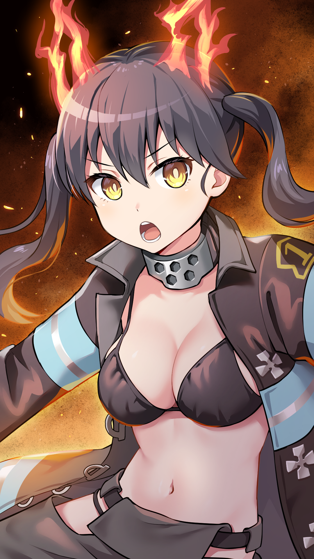 tamaki kotatsu, en'en no shouboutai, commentary request, highres, 1girl, bikini, black bikini, black hair, black jacket, breasts, fiery background, fire, firefighter jacket, gao garuru, jacket, looking at viewer, medium breasts, navel, open clothes, open jacket, open mouth, orange background, solo, stomach, swimsuit, twintails, yellow eyes