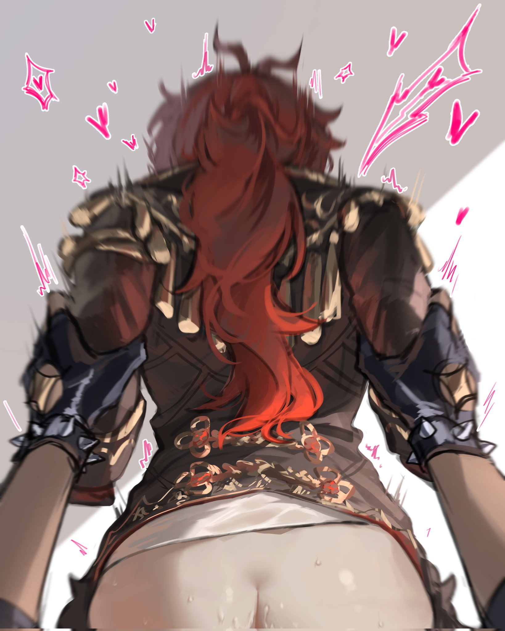 zehuij, diluc (genshin impact), kaeya (genshin impact), genshin impact, highres, 2boys, ass, black gloves, dark-skinned male, dark skin, fingerless gloves, gloves, grabbing another's arm, heart, holding another's arm, inseki, long hair, male focus, multiple boys, ponytail, pov, red eyes, red hair, sex, sex from behind, yaoi