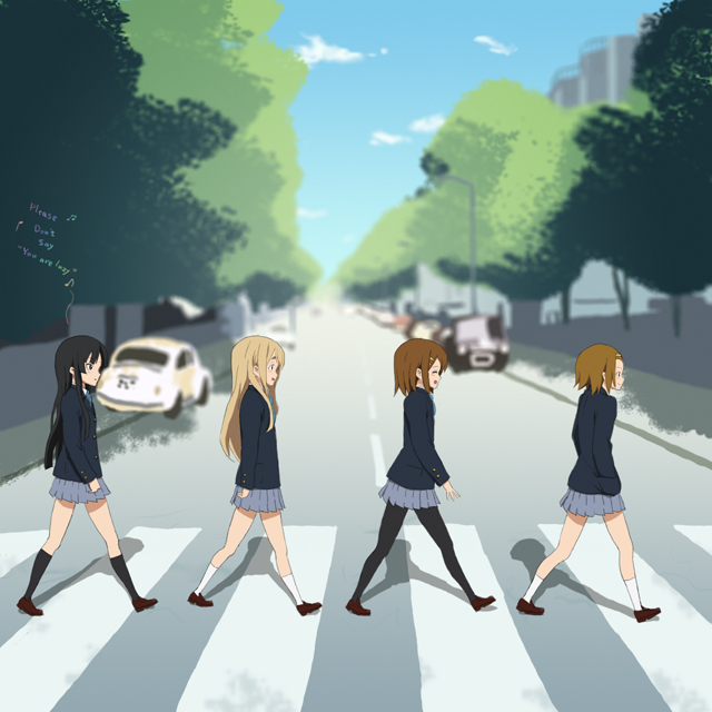 ryunosuke, akiyama mio, hirasawa yui, kotobuki tsumugi, tainaka ritsu, abbey road, don't say "lazy", k-on!, the beatles, volkswagen, bad id, bad pixiv id, derivative work, 4girls, album cover, album cover redraw, blunt bangs, cover, crosswalk, hime cut, ho-kago tea time, long hair, multiple girls, music, pantyhose, parody, school uniform, singing, vanishing point, volkswagen beetle