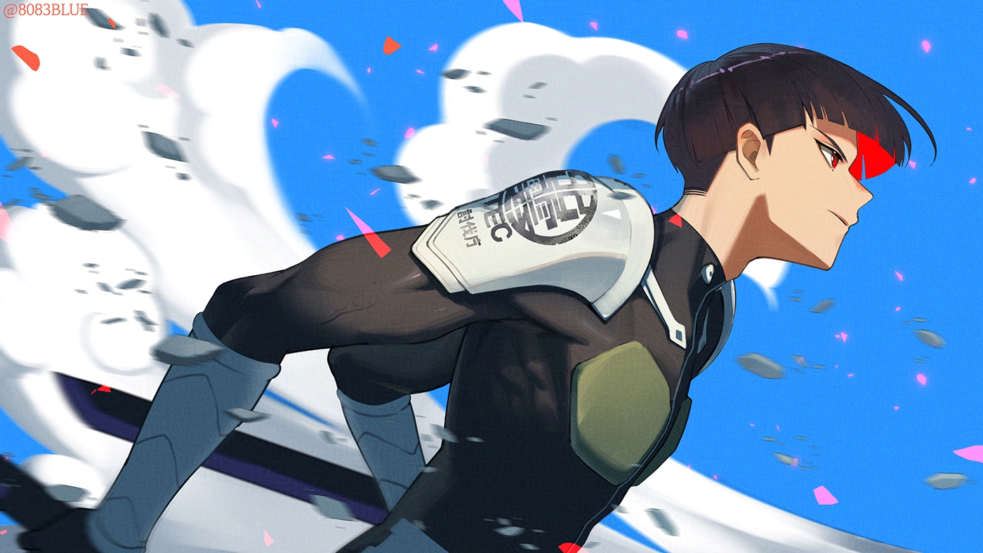 8083 blue, hoshina soshiro, kaijuu no. 8, commentary, 1boy, black hair, blue sky, bodysuit, closed mouth, cloud, day, from side, male focus, outdoors, red eyes, short hair, sideburns, sky, solo, upper body
