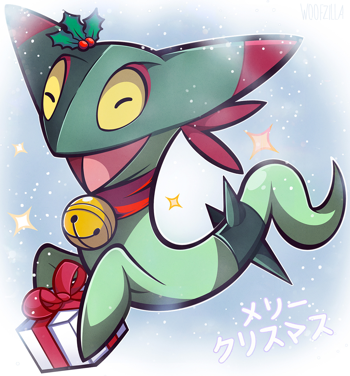 woofzilla, dreepy, nintendo, pokemon, commentary, english commentary, highres, translation request, bell, christmas, closed eyes, colored sclera, floating, full body, gen 8 pokemon, gift, holding, holding gift, holly, neck bell, no humans, open mouth, pokemon (creature), snowing, solo, sparkle, yellow sclera
