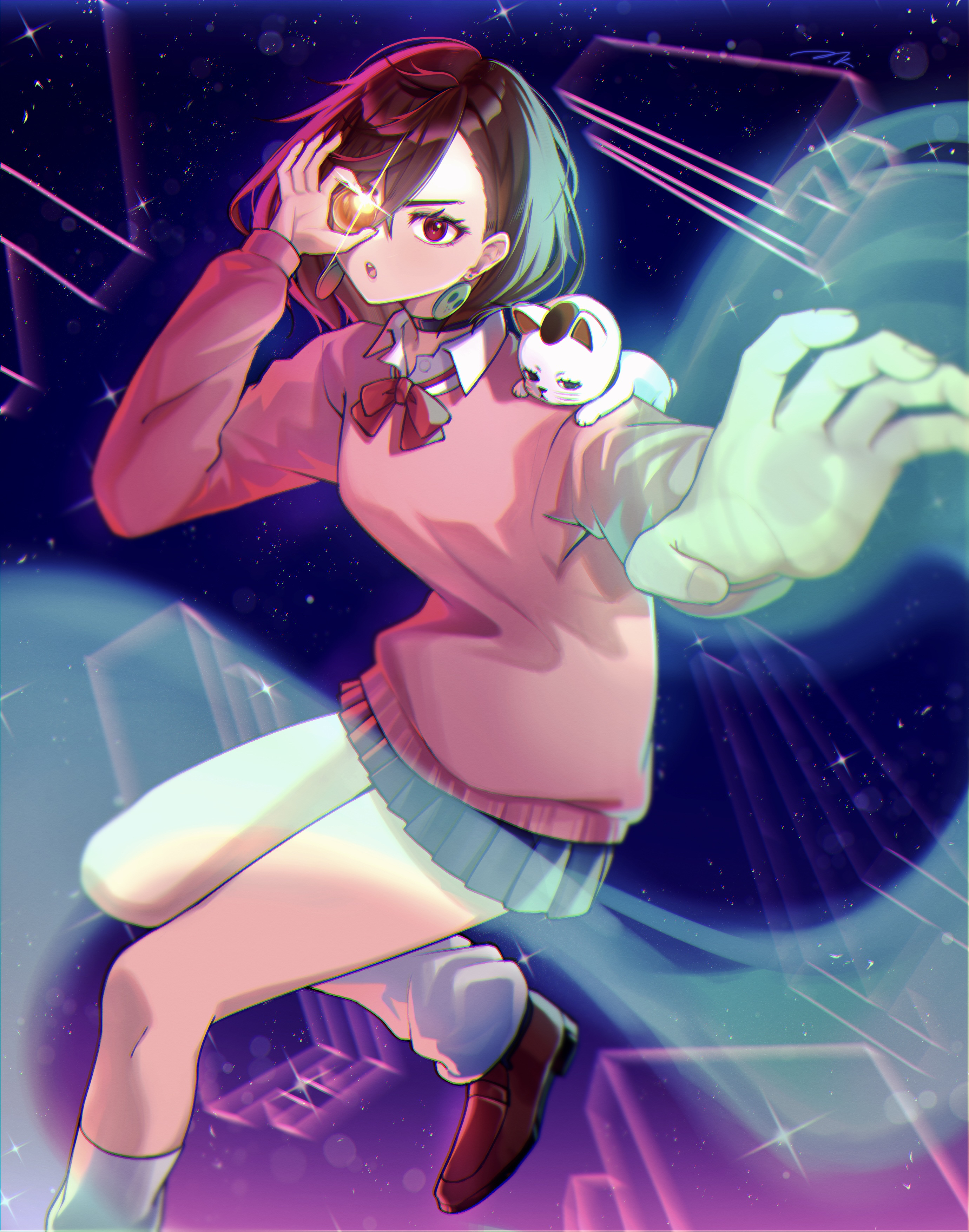 zerotsu 0215, ayase momo, turbo granny (dandadan), dandadan, absurdres, commentary request, highres, 1girl, ball, black choker, blue skirt, bow, bowtie, brown eyes, brown hair, brown shoes, cat, choker, collared shirt, crossed bangs, earrings, foot out of frame, glint, hair behind ear, hair between eyes, holding, holding ball, jewelry, kami high school uniform, long sleeves, looking at viewer, loose bowtie, loose socks, miniskirt, on shoulder, open mouth, outstretched arm, pink sweater, pleated skirt, red bow, red bowtie, school uniform, shirt, shoes, short hair, skirt, sky, socks, star (sky), starry sky, sweater, thighs, white shirt, white socks