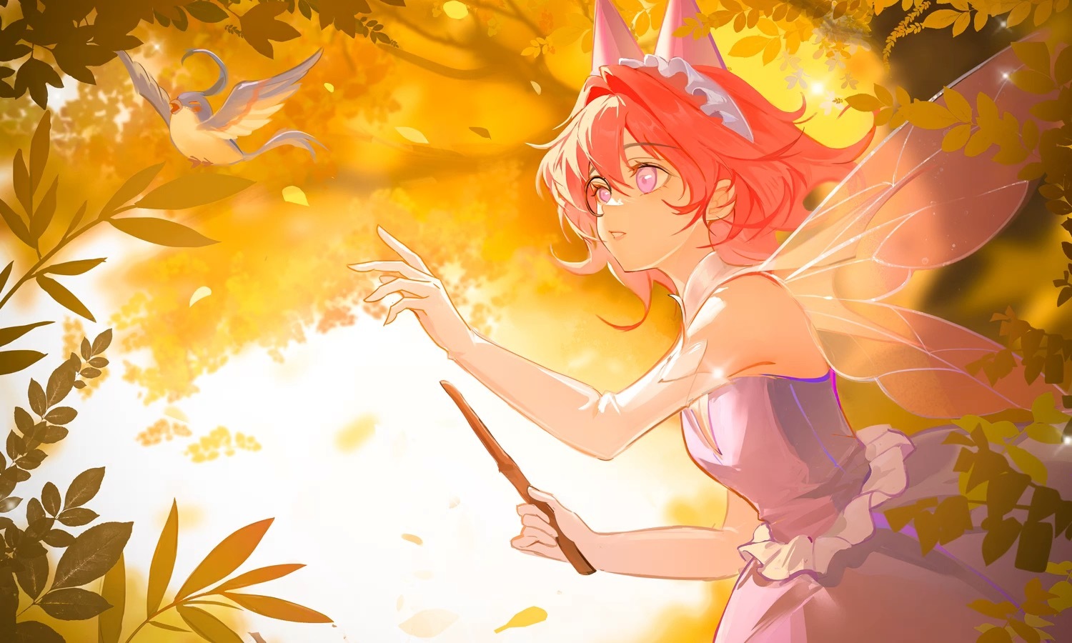 lulukko (infinity nikki), infinity nikki, nikki (series), chinese commentary, commentary request, 1girl, autumn, bare shoulders, bird, black-framed eyewear, blue bird, bubble skirt, center opening, collar, cowboy shot, day, detached collar, dress, elbow gloves, expressionless, fairy, fairy wings, falling leaves, frilled dress, frilled hairband, frills, gloves, hair between eyes, hair intakes, hairband, holding, holding wand, leaf, lips, looking at another, medium hair, monocle, outdoors, parted lips, pink lips, pink wings, purple dress, reaching, red hair, round eyewear, skirt, sky, solo, standing, strapless, strapless dress, teeth, transparent wings, tree, wand, white collar, white gloves, white hairband, white sky, wings, youyutiao