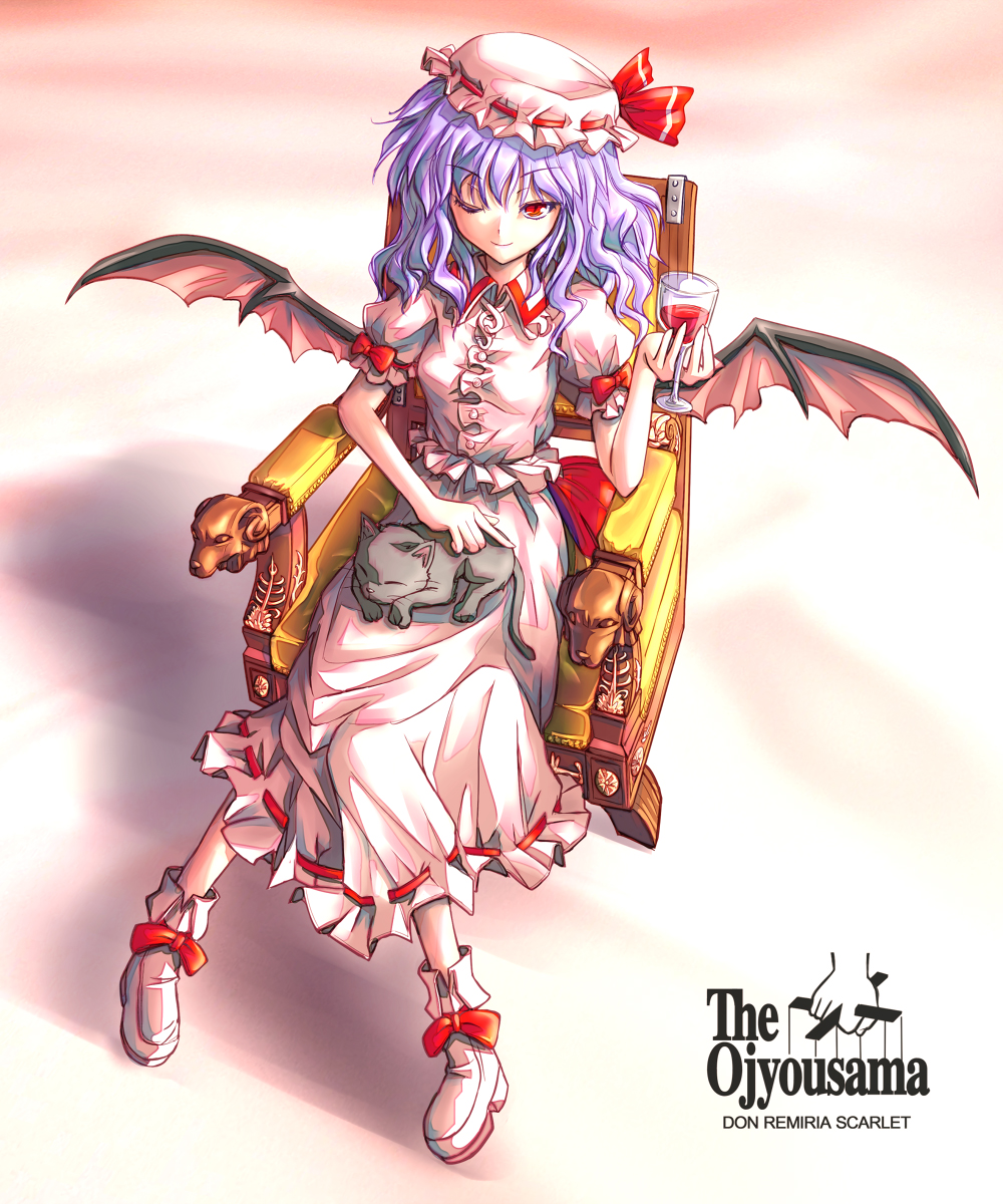 shirosa, remilia scarlet, the godfather, touhou, highres, 1girl, blue hair, cat, chair, cup, cupping glass, drinking glass, female focus, from above, hat, one eye closed, parody, ranguage, red eyes, sitting, solo, throne, wine glass, wings, wink