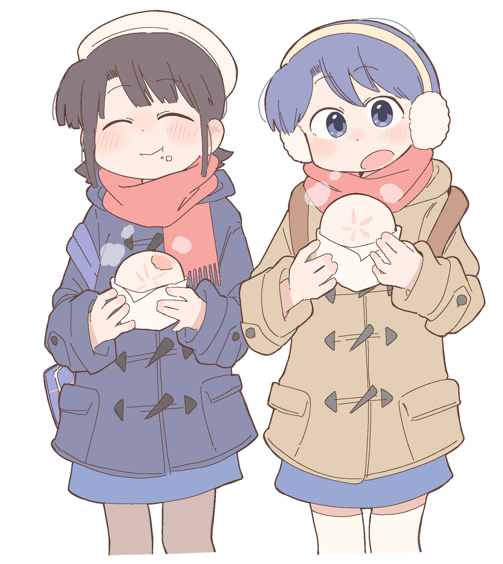 wichimi, amakazari eri, makabe matsuri, city (arawi keiichi), food request, highres, 2girls, backpack, bag, beret, black hair, blue bag, blue coat, blue eyes, blue hair, blue skirt, brown bag, buttons, closed eyes, closed mouth, coat, dot nose, earmuffs, eating, food, food on face, hat, holding, holding food, looking at viewer, multiple girls, open mouth, red scarf, scarf, short hair, simple background, skirt, thighhighs, very short hair, white background, white hat, white thighhighs, yellow coat