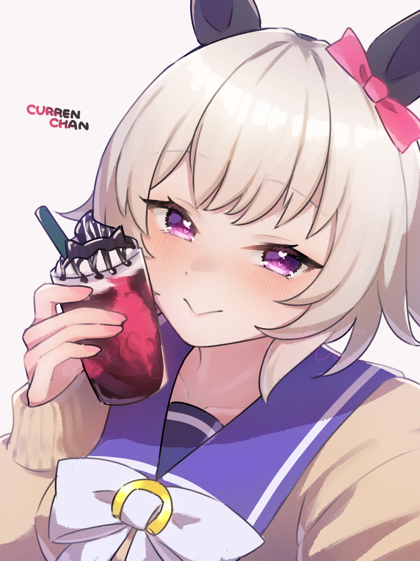 beautifulinsnow, curren chan (umamusume), umamusume, commentary request, highres, 1girl, :>, animal ears, blue sailor collar, bow, character name, closed mouth, cup, ear bow, ear covers, grey hair, holding, holding cup, horse ears, horse girl, looking at viewer, pink bow, purple eyes, sailor collar, school uniform, short hair, smile, solo, tracen school uniform, upper body
