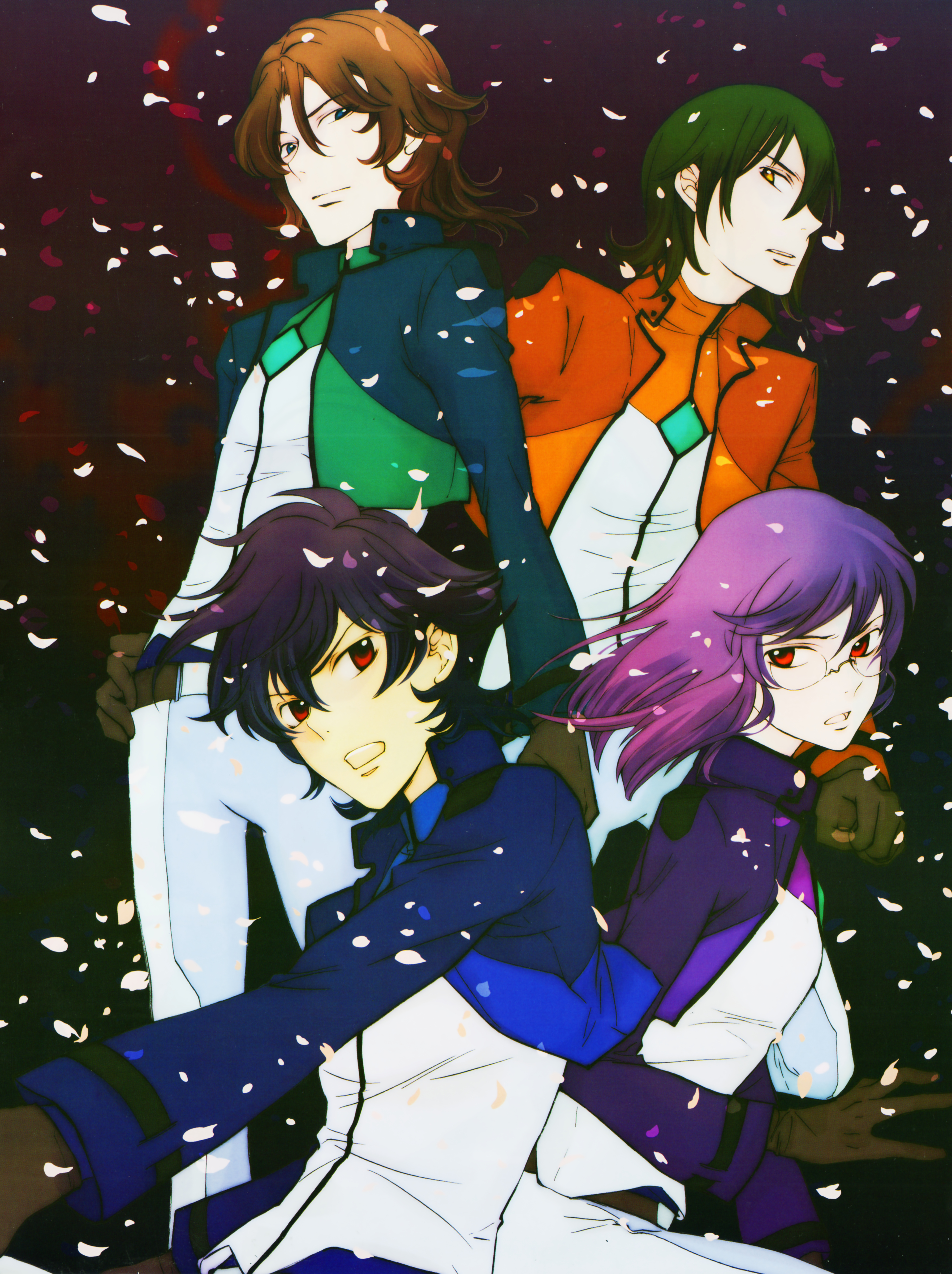kouga yun, allelujah haptism, lyle dylandy, setsuna f. seiei, tieria erde, gundam, gundam 00, absurdres, highres, official art, scan, 00s, 4boys, male focus, multiple boys