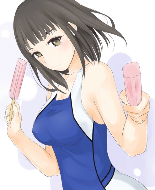 shin (highest1192), takitsubo rikou, toaru majutsu no index, commentary, 1girl, bare arms, bare shoulders, black hair, blue one-piece swimsuit, breasts, brown eyes, closed mouth, collarbone, food, hands up, head tilt, holding, holding food, holding popsicle, incoming food, large breasts, light blush, looking at viewer, medium hair, one-piece swimsuit, popsicle, smile, solo, swimsuit, two-tone one-piece swimsuit, upper body, white background, white one-piece swimsuit