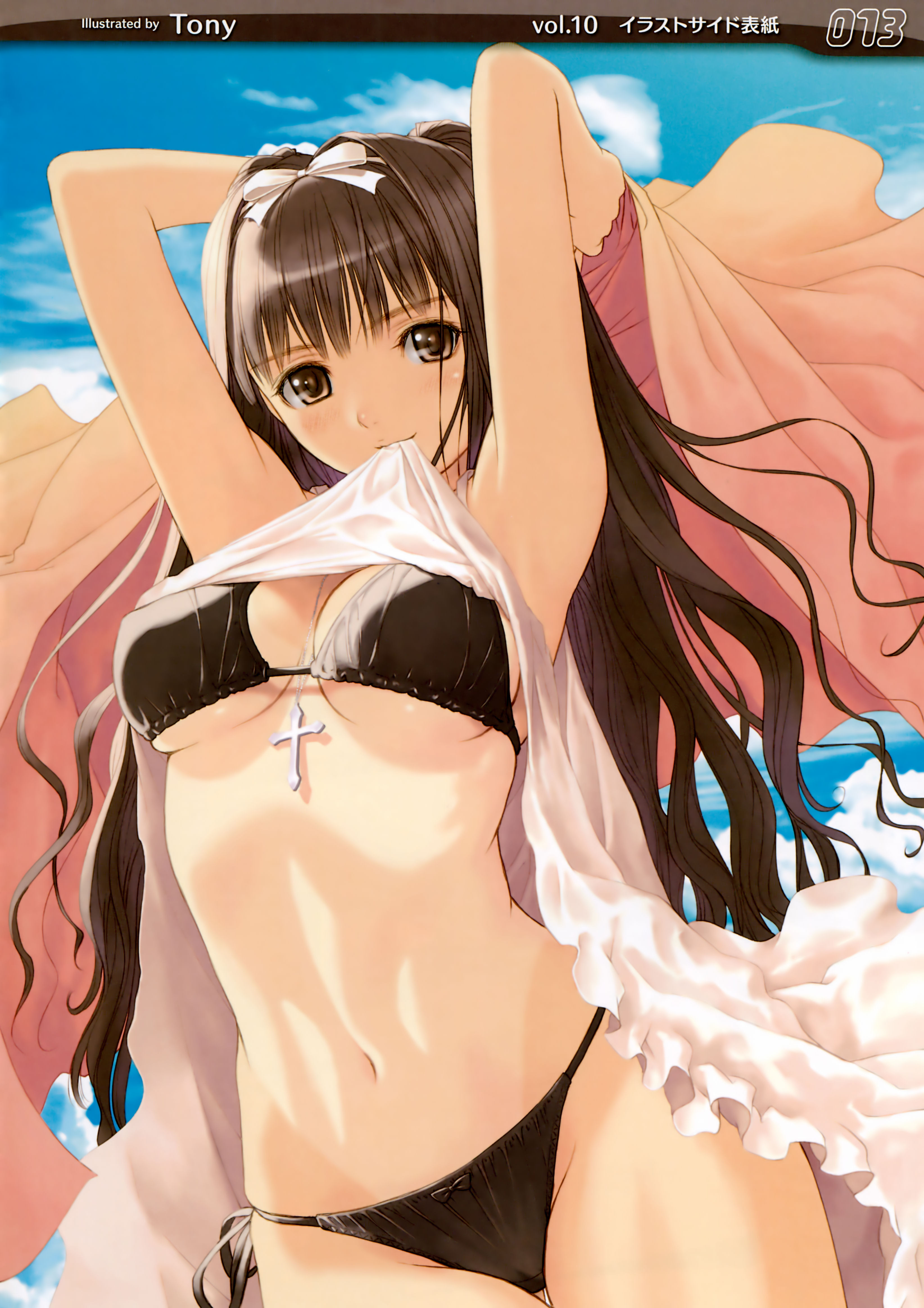 tony taka, original, absurdres, highres, non-web source, scan, 1girl, armpits, arms behind head, between breasts, bikini, bikini under clothes, black bikini, black hair, blush, bow, breasts, brown eyes, brown hair, clothes lift, cloud, cross, day, dress, dress lift, female focus, frills, hair bow, jewelry, medium breasts, mouth hold, necklace, one-piece tan, outdoors, shiny skin, side-tie bikini bottom, sky, smile, solo, string bikini, swimsuit, swimsuit under clothes, tan, tanline, underboob, undressing