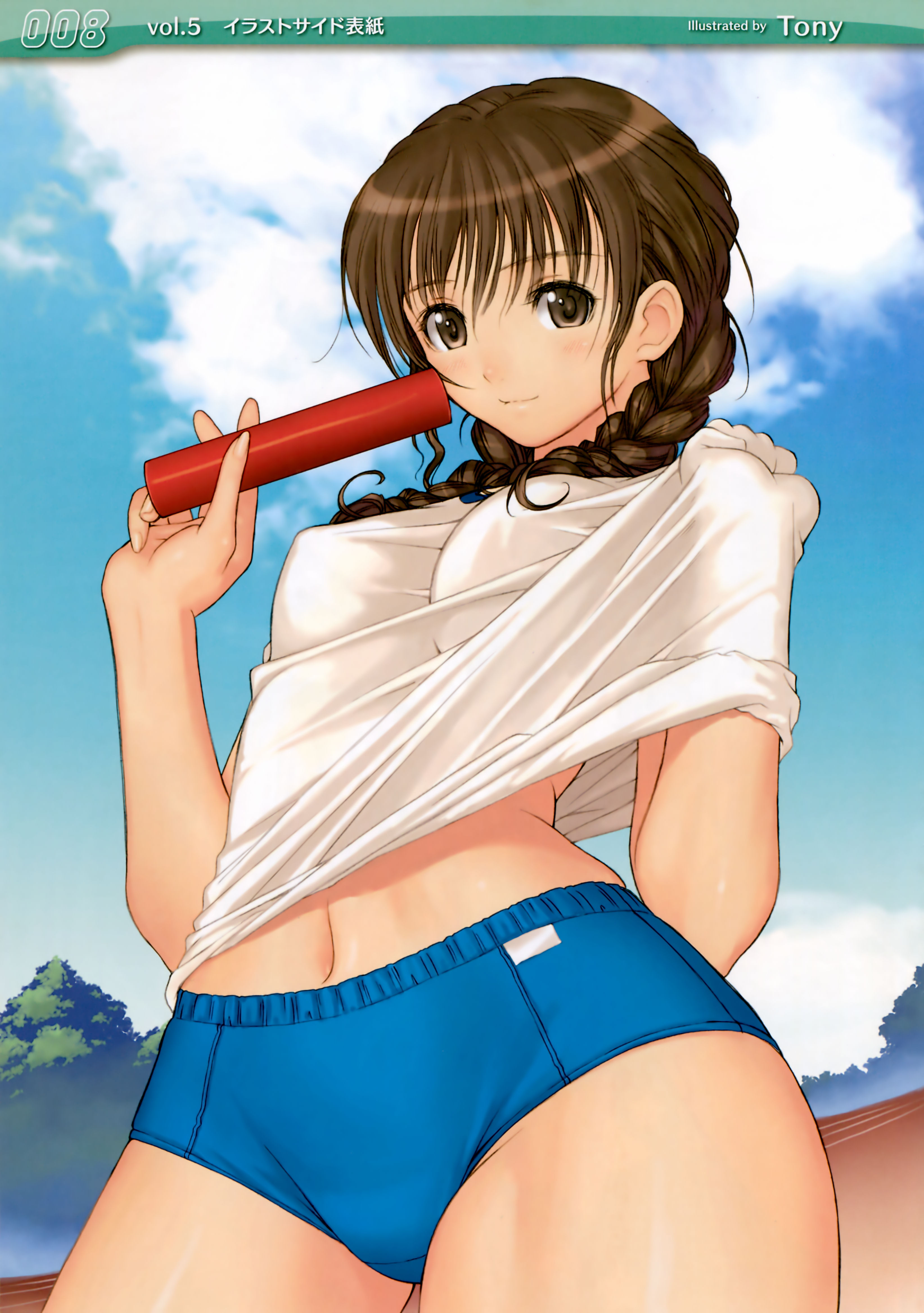 tony taka, baton, absurdres, highres, 1girl, artist name, braid, brown eyes, brown hair, buruma, female focus, gym shorts, gym uniform, midriff, navel, relay baton, shorts, smile, solo, undressing