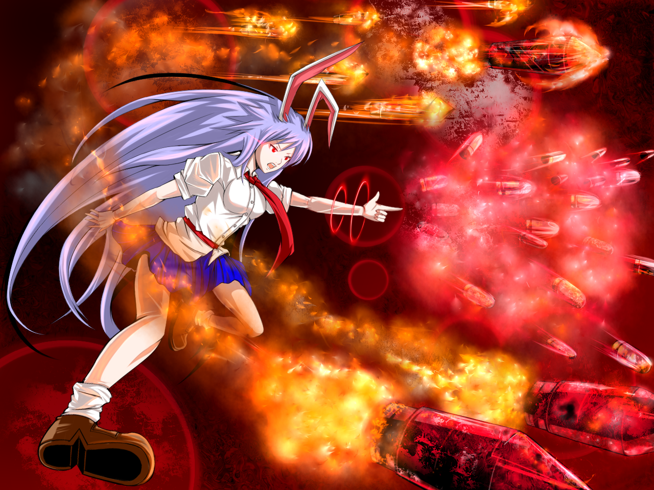 daizu (daizubatake), reisen udongein inaba, touhou, bad id, bad pixiv id, 1girl, animal ears, bullet, danmaku, female focus, finger gun, fire, long hair, necktie, purple hair, pyrokinesis, rabbit ears, red eyes, skirt, solo, very long hair