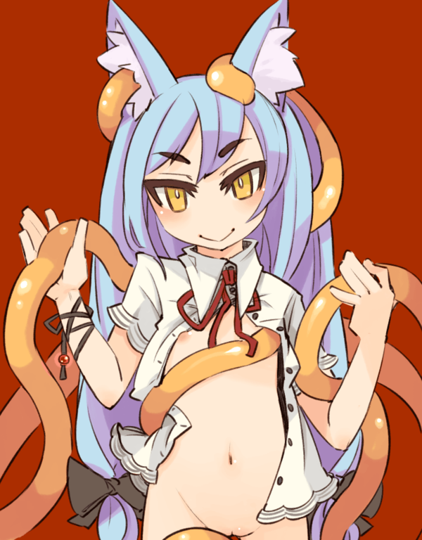 mota, original, :>, animal ears, blue hair, bottomless, flat chest, long hair, naked shirt, open clothes, open shirt, ribbon, solo, tentacles, tsurime, very long hair, yellow eyes