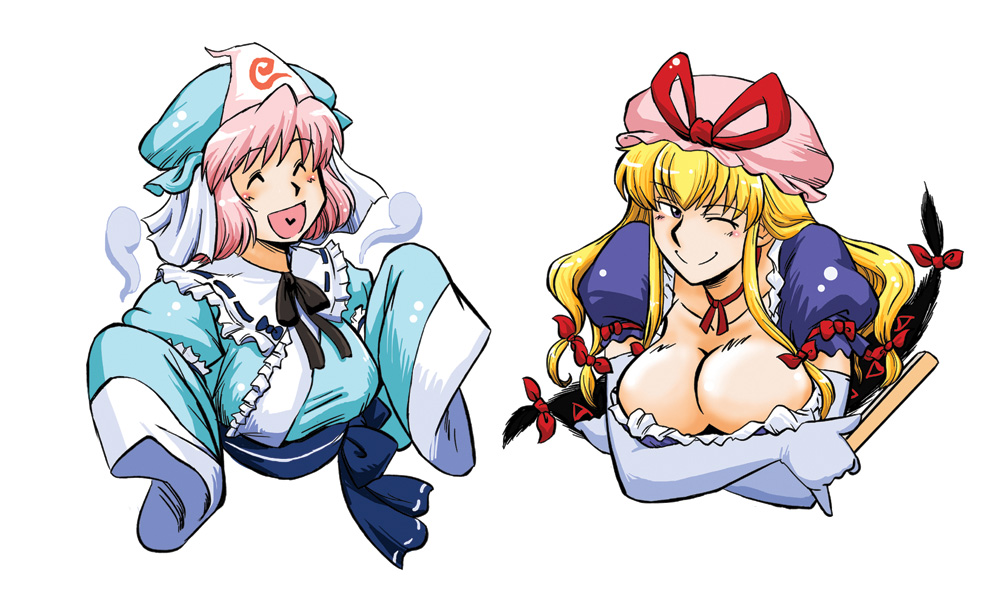 azuki osamitsu, saigyouji yuyuko, yakumo yukari, touhou, 2girls, blonde hair, breasts, cleavage, elbow gloves, female focus, gap (touhou), gloves, hat, large breasts, long hair, multiple girls, one eye closed, pink hair, purple eyes, short hair, wink