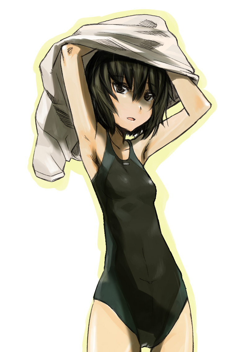 nabeyu, nanasaki ai, amagami, armpits, black eyes, black hair, competition swimsuit, one-piece swimsuit, short hair, solo, swimsuit, swimsuit under clothes