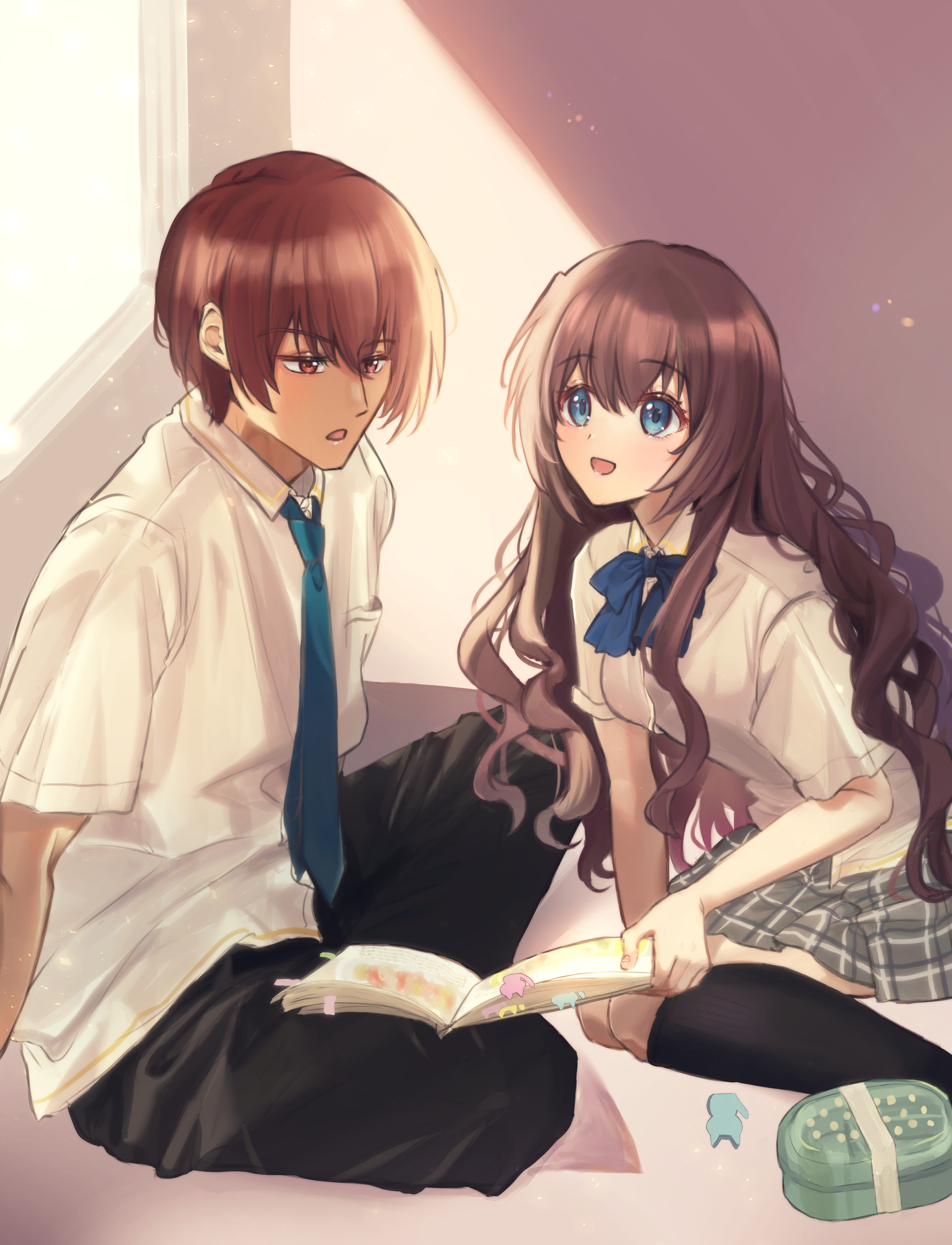 miiizuno lbs, a-chan (little busters!), natsume kyousuke, little busters!, absurdres, commentary request, highres, 1boy, 1girl, :d, backlighting, black pants, black socks, blue bow, blue bowtie, blue eyes, blue necktie, book, bow, bowtie, brown hair, collared shirt, eyes visible through hair, feet out of frame, grey skirt, hair between eyes, holding, holding book, indian style, indoors, kneehighs, leaning forward, little busters! school uniform, long hair, looking at another, miniskirt, necktie, on floor, open book, open mouth, pants, plaid clothes, plaid skirt, pleated skirt, red eyes, school uniform, shirt, short hair, sidelocks, sitting, skirt, smile, socks, tareme, tsurime, very long hair, wariza, wavy hair, white shirt