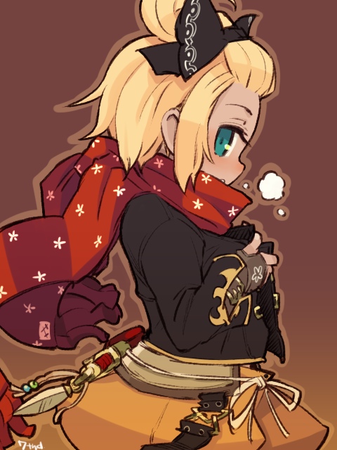 mota, hatch (7th dragon), rogue (7th dragon), 7th dragon, 7th dragon (series), 1girl, aqua eyes, blonde hair, bow, breath, dagger, female focus, fingerless gloves, forehead, gloves, hair bow, high ponytail, knife, ponytail, scarf, short hair, solo, weapon